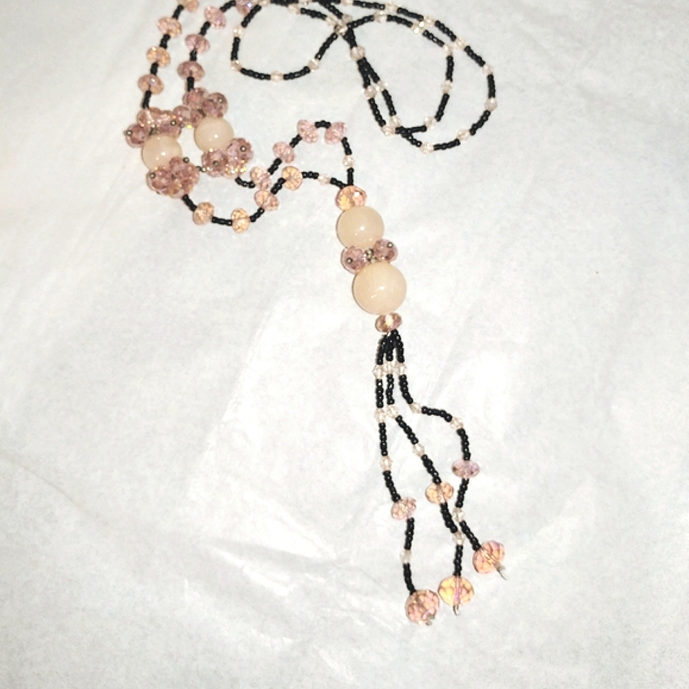 ROSE QUARTZ & PINK CRYSTAL TASSEL NECKLACE - 28" LONG